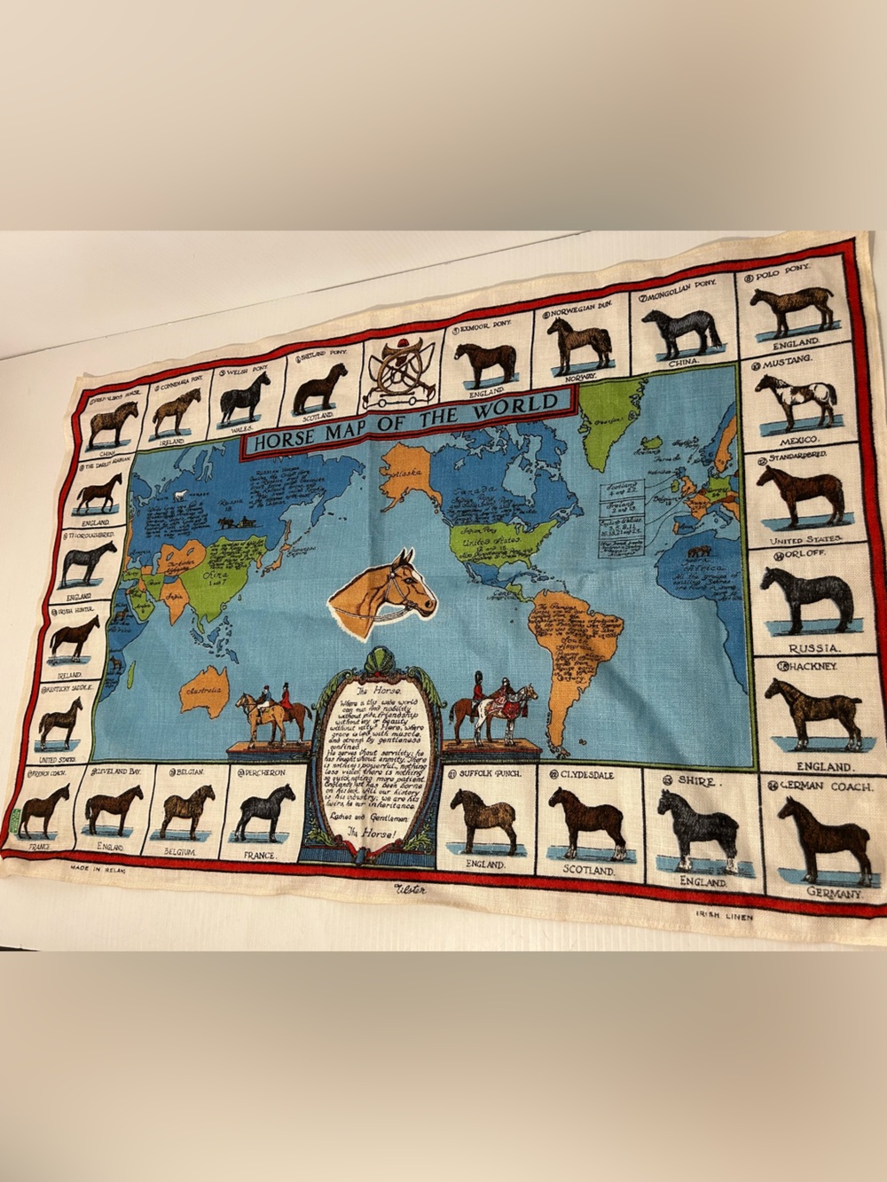 Horse Map of The World Ulster Irish Linen Horse Tea Towel